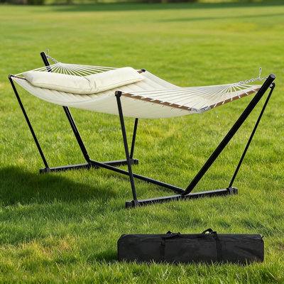 2-in-1 Quilted Poly Hammock with T-Steel Stand & V-Wood Frame – Portable Outdoor Swing Bed for Garden, Patio – white