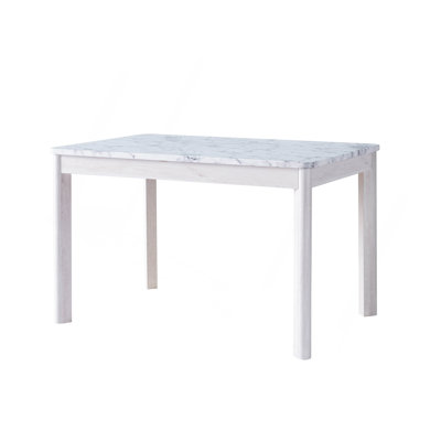 Faux Marble White Dining Table Top Four Rounded Leg Posts Rounded Table Corners White Oak Leg Color