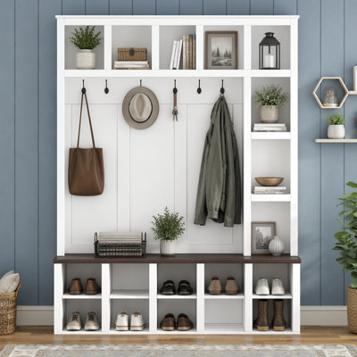 Farmhouse Wooden Hall Tree with 6 Hooks, Walnut Storage Bench, and Adjustable Shelves for Entryway Organization