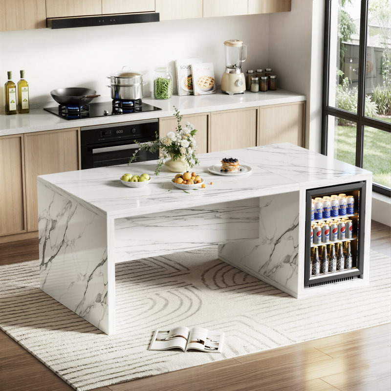 8.7" Large Imitation Marble Kitchen Island With Storage Space,modern Island Table With Mini Fridge Space For Kitchen, Dining Room, Home Bar, White