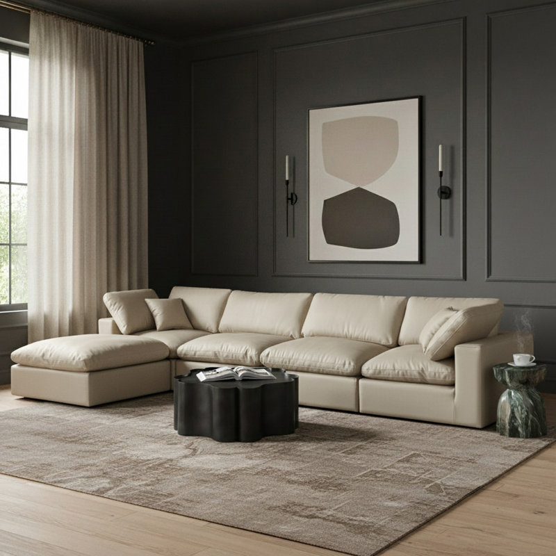 Canapé modulaire réversible en similicuir de 160 po de large avec repose-pieds, Cuir crème végétalien