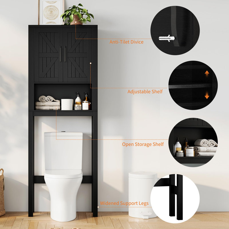 Armoire de rangement autoportante au-dessus de la toilette H 65 "avec tablette réglable et portes de grange pour la salle de bain