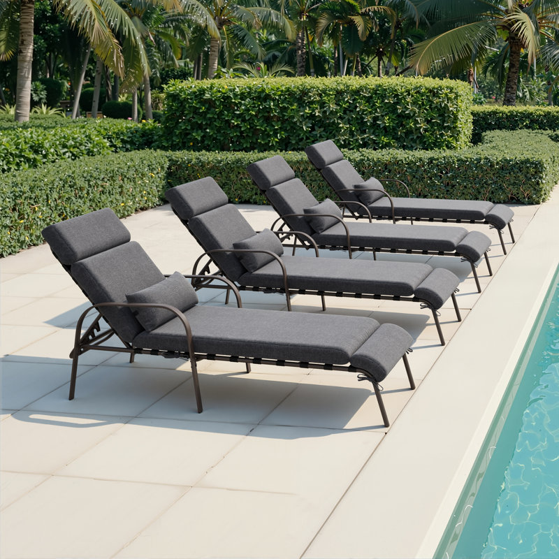Chaise longue inclinable d'extérieur en métal avec coussins et coussins de dossier (ensemble de 4), Gris foncé