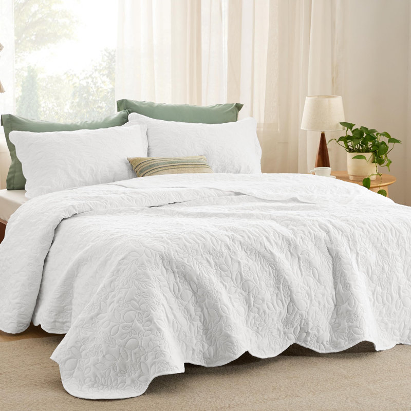Ensemble de courtepointe prélavée Literie - Couvre-lit ultra doux, Feuille blanche
