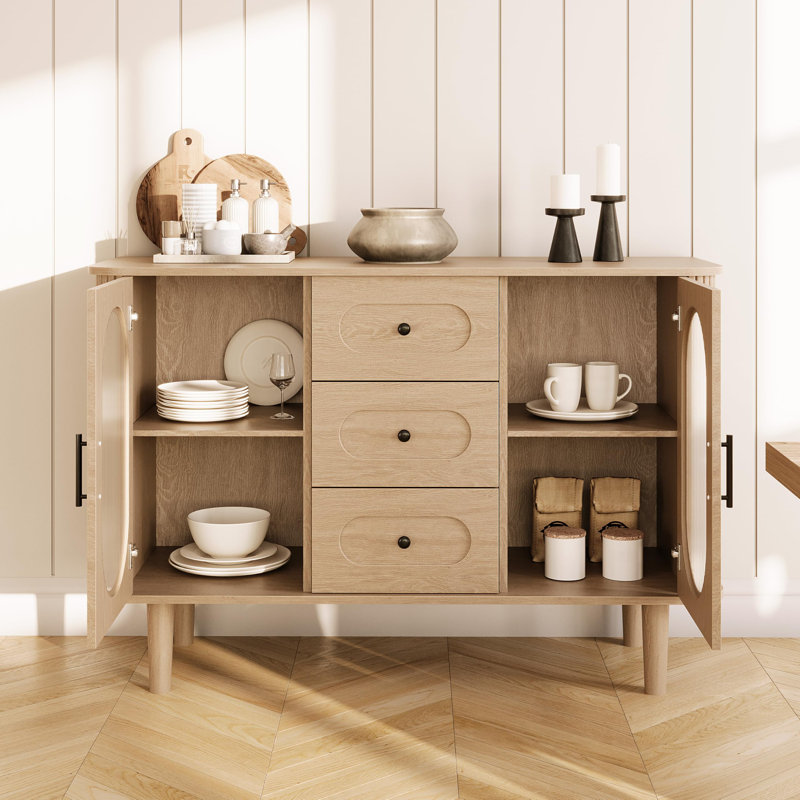 47" Sideboard Buffet Cabinet with Fluted Glass Doors - Modern Mid-Century Credenza Storage with Adjustable Shelves, Oak