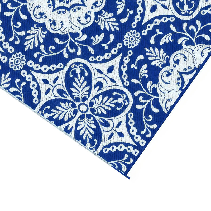Tapis d'extérieur, médaillon floral bleu et blanc, paille en plastique XL 9 x 12