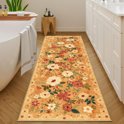 2x6 Runner Rug for Hallway, Washable Kitchen Runner Rug with Non Slip Backing, Low Pile Soft Boho Floral Runner for Kitchen, Hallway, Entryway, Laundry, Bedroom, Orange