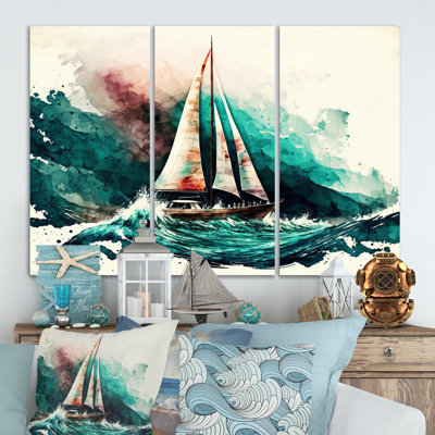 Aquarelle, voilier, croisières, vagues, impression sur toile - 3 pièces