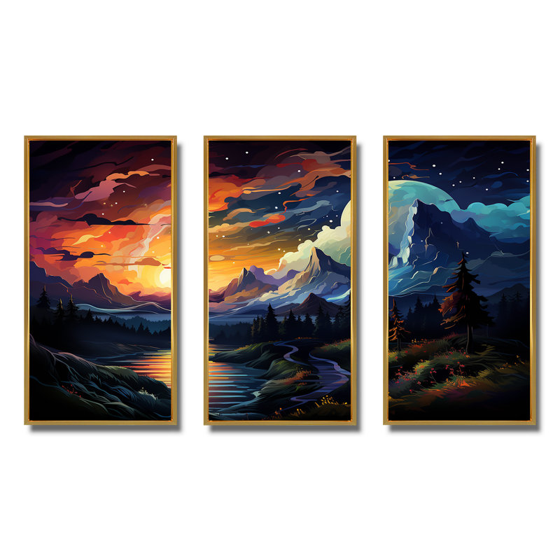 «Yellow Lakeside Mountain Sunset Wonderland II», art mural forêt et rivière, Cadre flottant doré, H 28 po x l 36 po x P 1 po