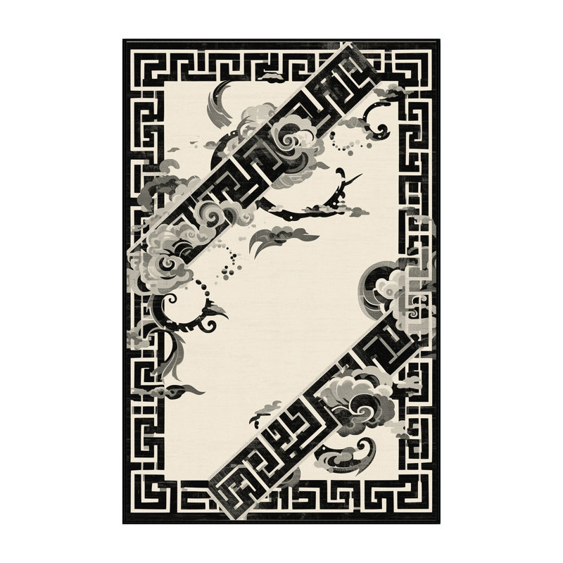 Machine Washable Patterns And Textures Classic Oriental Rug in Beige – Black Binding, 5 x 7