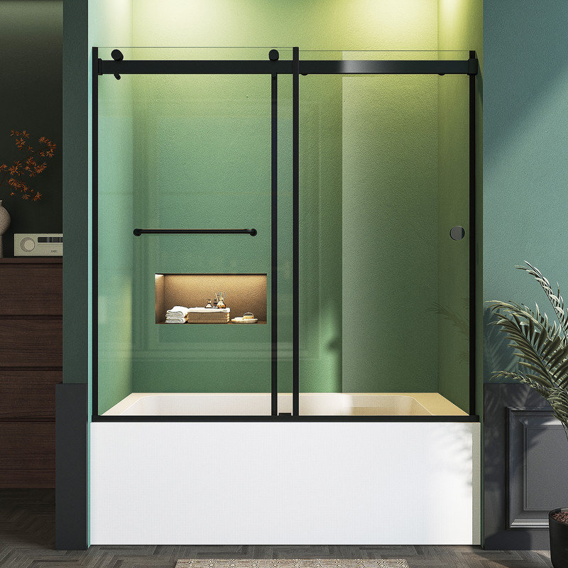 Bathtub Sliding Door 55"-60"W x 56"H 5/16" Tempered Glass Stainless Steel, Black