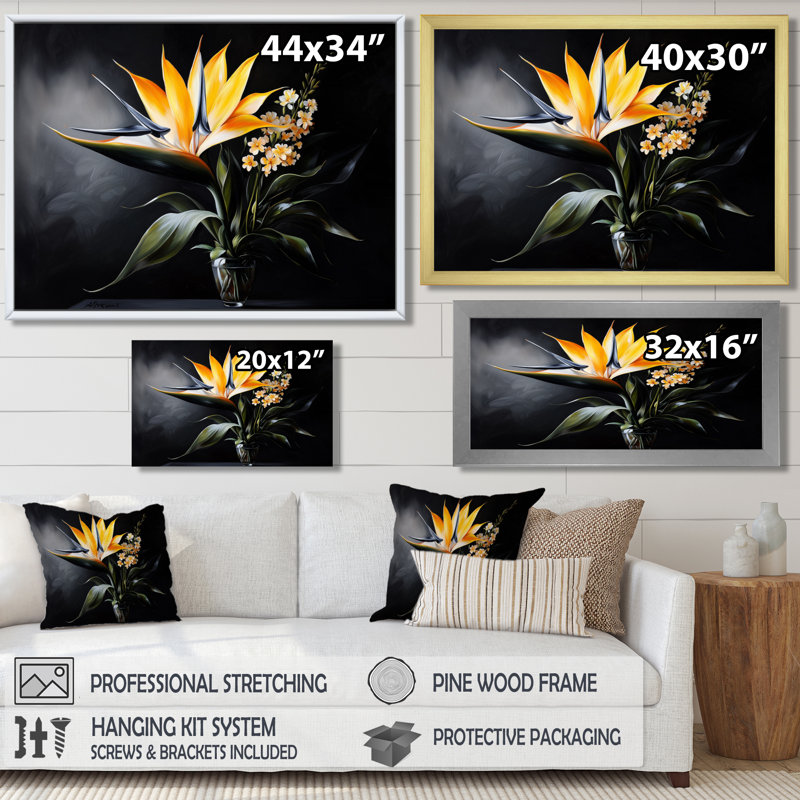 Fleurs tropicales, oiseaux du paradis II, impression d'art mural, H 34 po x l 44 po, Cadre flottant sans passe-partout, Blanc