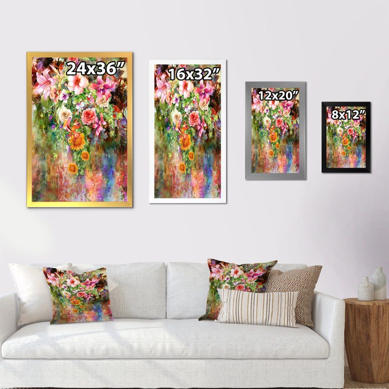 Grunge rose vert fleurs d'été VI - Art mural sur toile traditionnel, H 36 po x l 24 po x P 1 po, Cadre photo noir