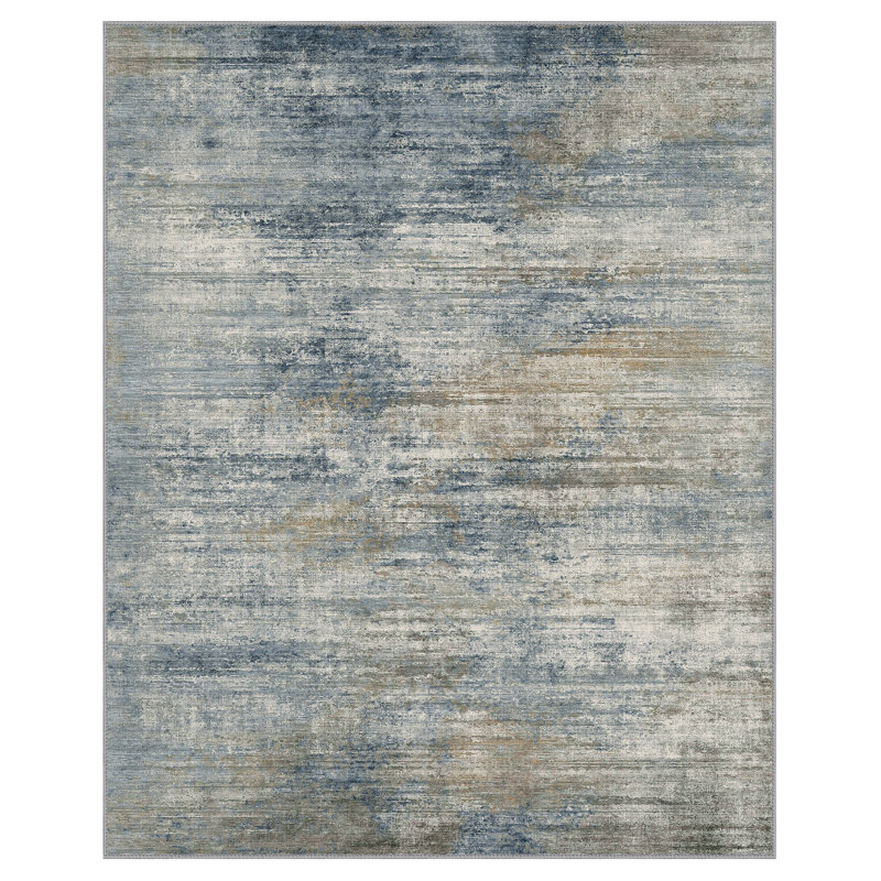 Abstract Modern Machine Washable Gray / Blue Indoor Area Rug with Non-Slip Backing, Rectangle 3' x 5'