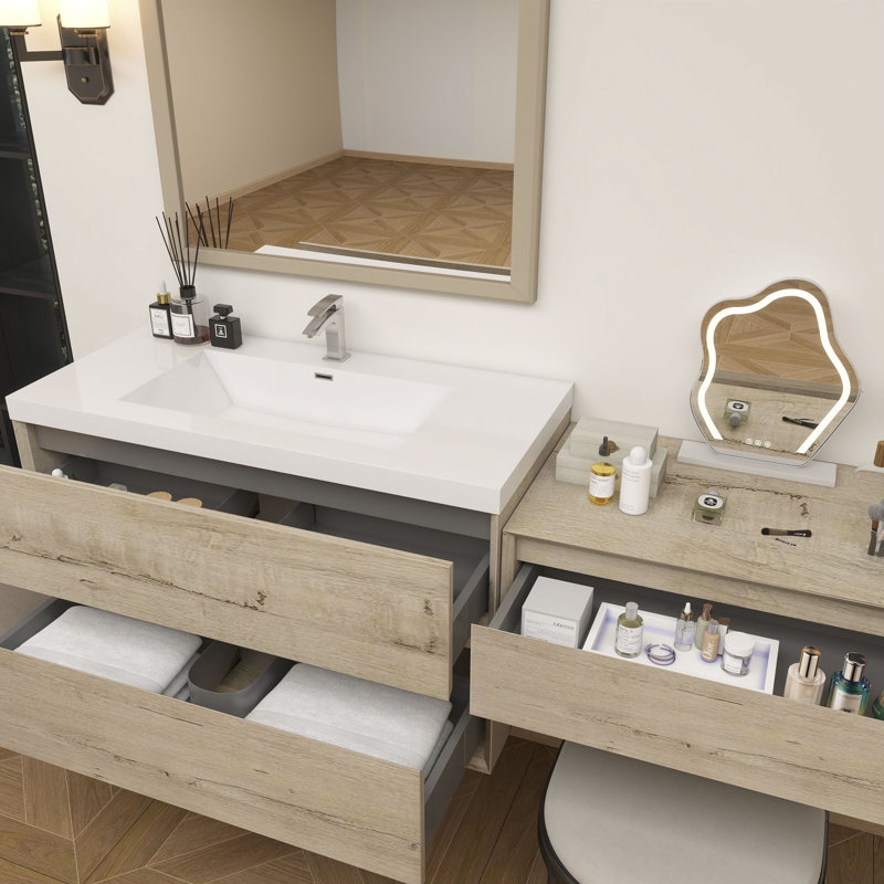 Meuble-lavabo mural 60 po avec chêne acrylique renforcé Aliki, Chêne clair