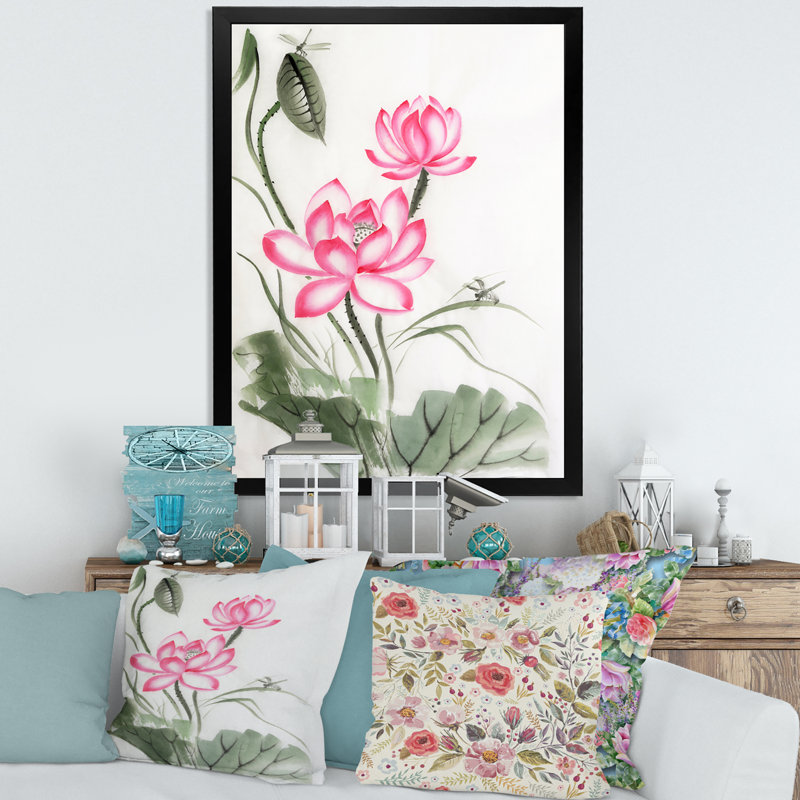 Lotus et la libellule I - reproduction sur toile, H 32 po x l 24 po x P 1,5 po, Toile avec cadre noir