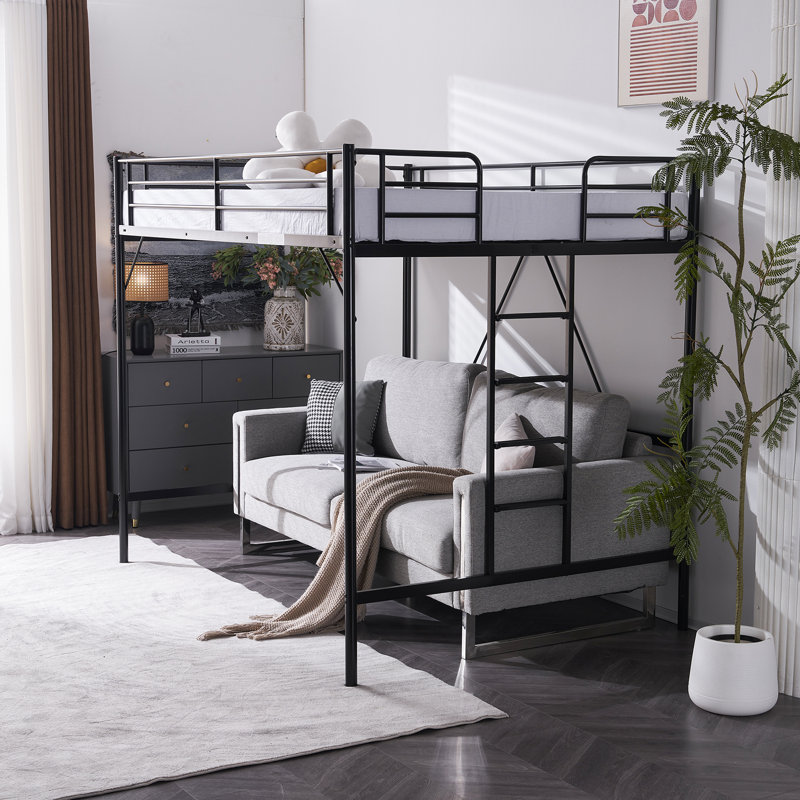 Lit mezzanine avec barreaux plats pour adultes, enfants et jeunes adolescents, aucun sommier requis, Noir, Double