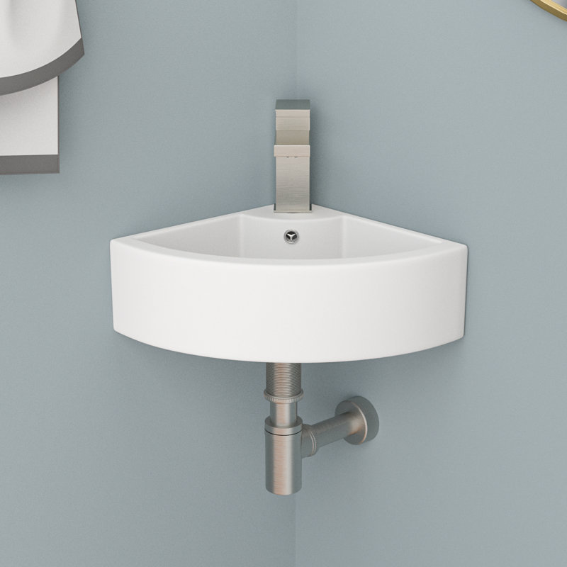 18" x 13" Triangle White Ceramic Small Corner Wall Mount Bathroom Sink with Faucet Hole and Overflow