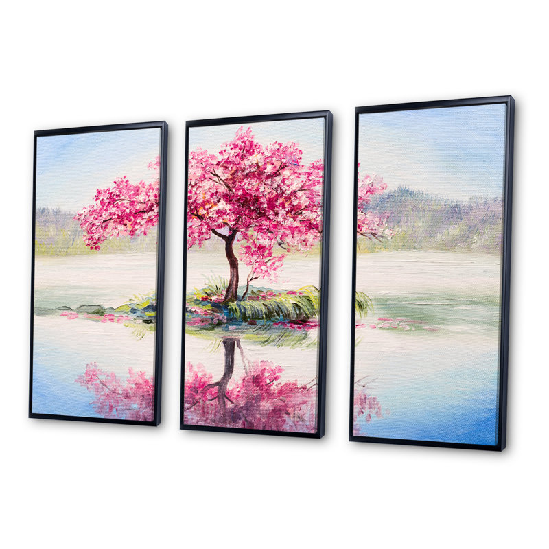 Cerisier japonais en fleurs sur un petit îlot idyllique - ensemble de 3 reproductions sur toile flottantes, H 28 po x l 36 po