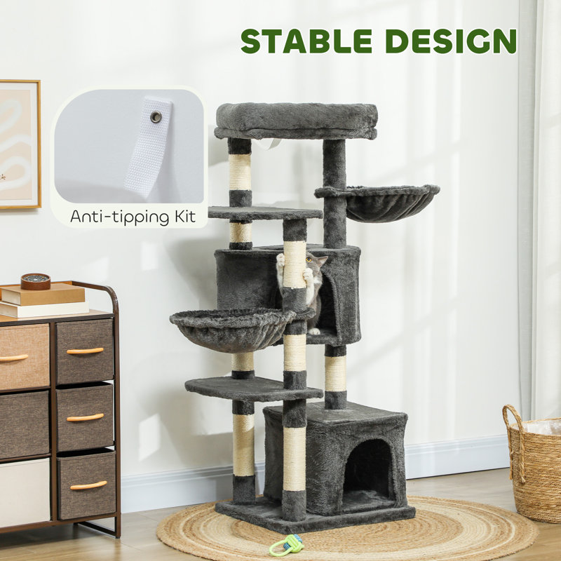 Tour pour arbre à chat 52,5 po avec lit, condos pour chat, hamacs, gris foncé