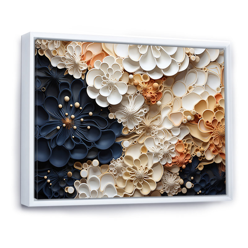 Collage de fleurs blanches et bleues corail II - impression, Cadre flottant blanc, H 34 po x l 44 po x P 1,5 po