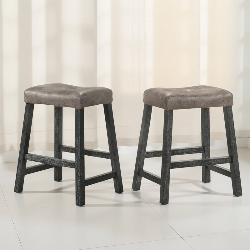 Ensemble de tabouret de bar rustique en bois de 2 à 25 pouces avec siège en cuir brun, finition vieillie et structure robuste - Siège à hauteur de comptoir peu encombrant pour la cuisine et le bar
