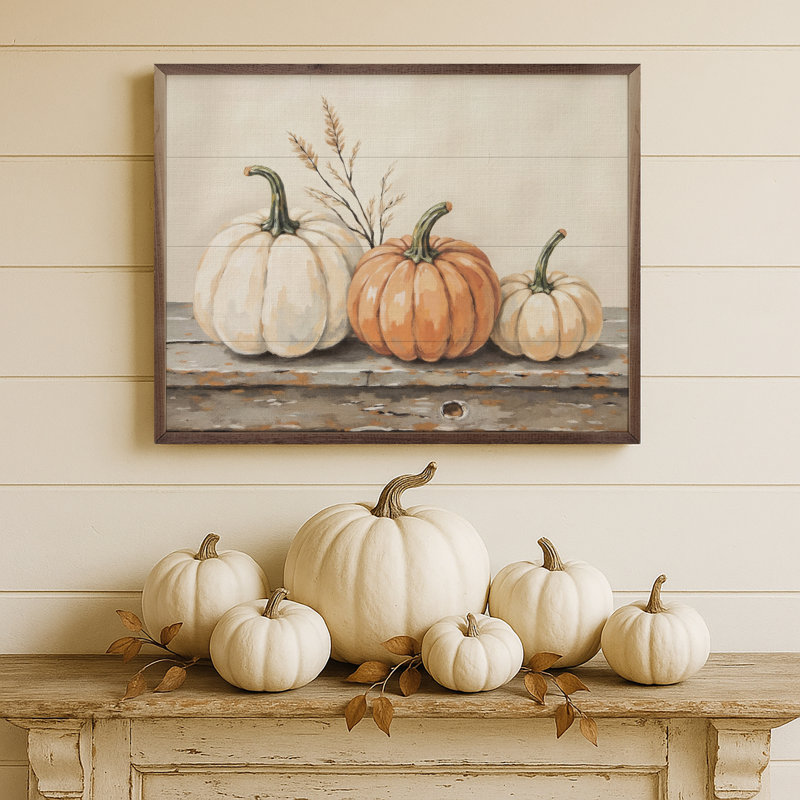 Pumpkins On A Rustic Shelf, 8" H x 10" W
