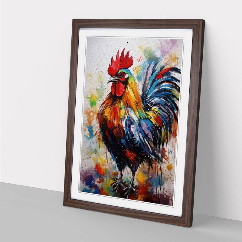 Rooster Gestural No.2 - Single Picture Frame Print on Wood, 64cm H x 46cm W x 2cm D, Walnut