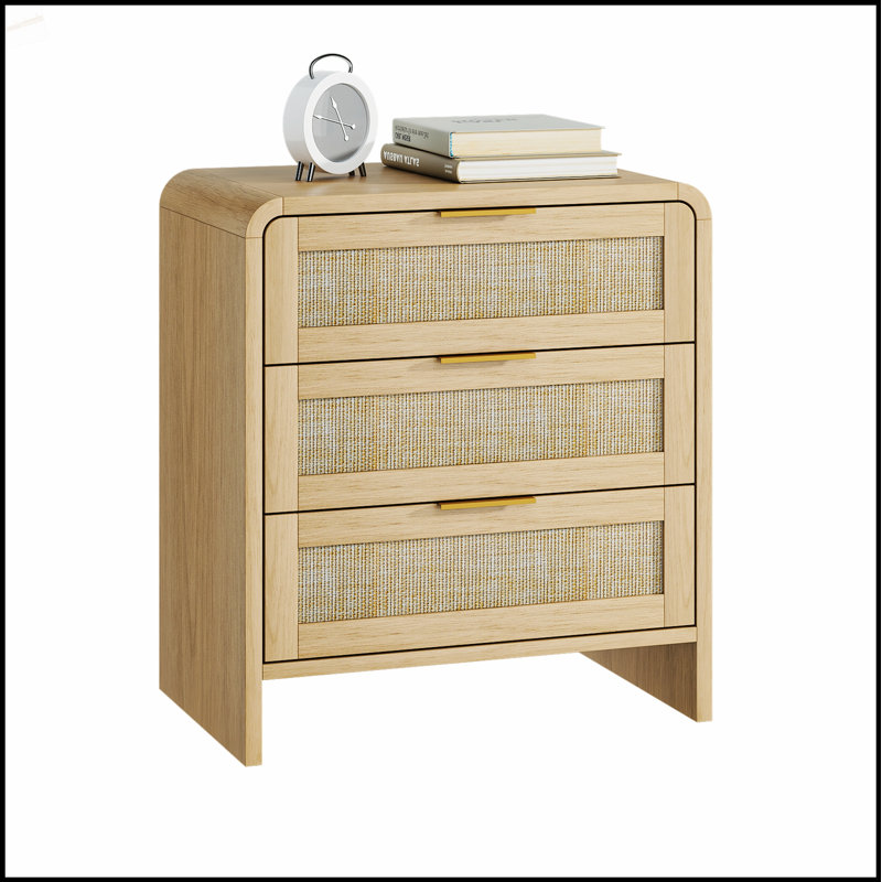Table de chevet en rotin avec 3 tiroirs, 22,8 po, Oak, Ne s’applique pas