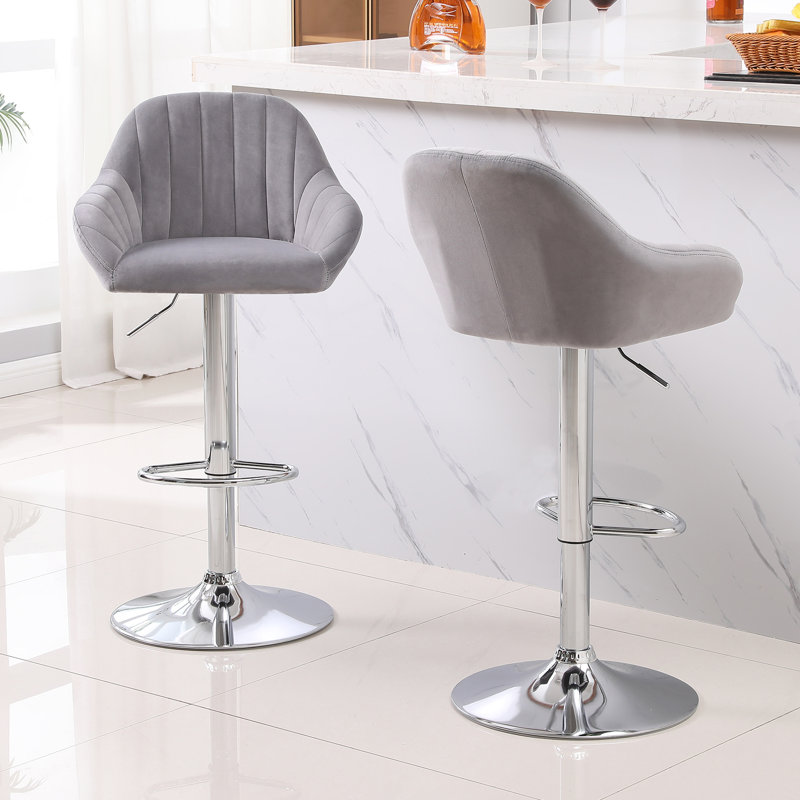 Swivel Upholstered Velvet Adjustable Height Bar Stool, Grey