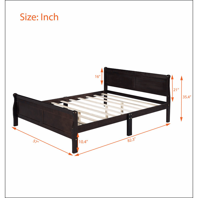 Lit plateforme en bois avec tête de lit et lattes en bois, Double, Espresso