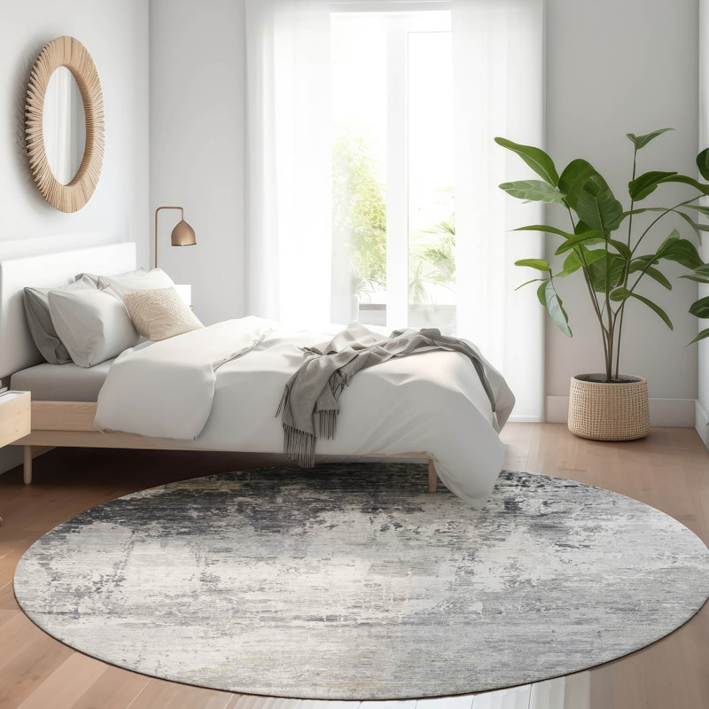 Tapis intérieur / extérieur gris lavable à la machine Xhevrie, Rond 8 pi
