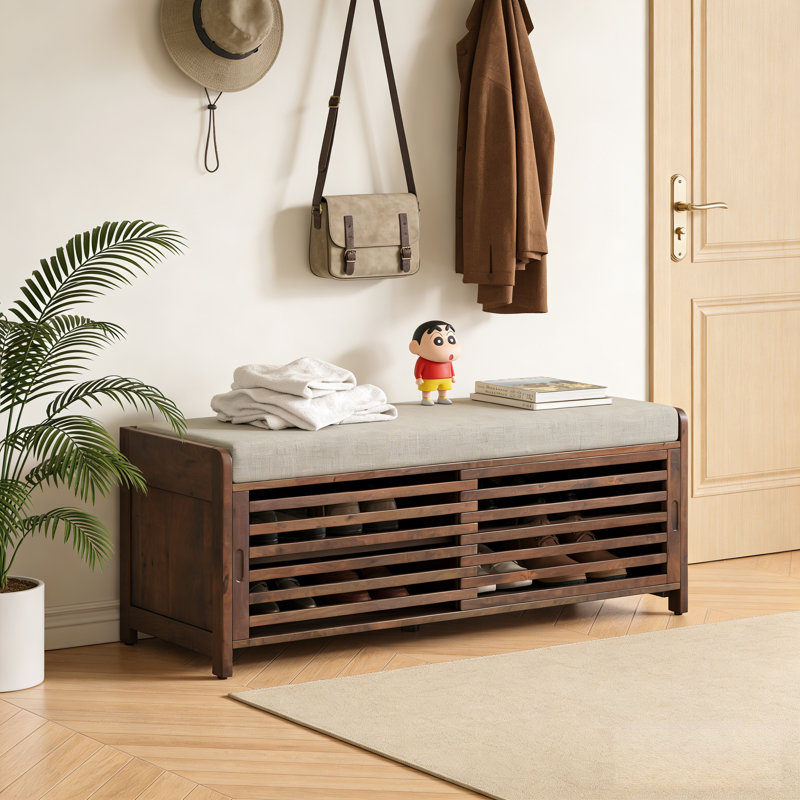 Banc à chaussures avec rangement et coussin, banc de rangement à volets vieillis avec charme rétro pour le salon, vestibule (espresso)