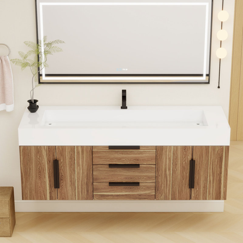 Jessica 60'' Wall-Mounted Single Bathroom Vanity, Natural Oak