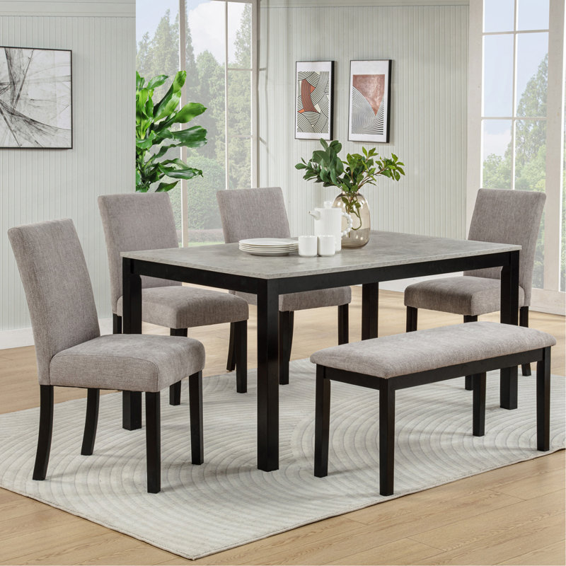 6-Piece Dining Table Set With Bench, Solid Wood Kitchen Table With Concrete-Effect Melamine Tabletop And 4 Upholstered Chairs For Dining Room, Kitchen, Restaurant, Grey & Black