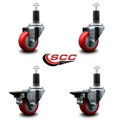 3 Inch Red Poly Wheel Swivel 1-1/4 Inch Expanding Stem Caster Set 2 Brakes SCC