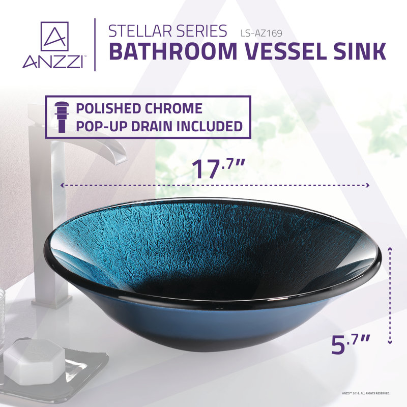 ANZZI Stellar Series 17.7'' Marine Crest Tempered Glass Circular Bathroom Sink