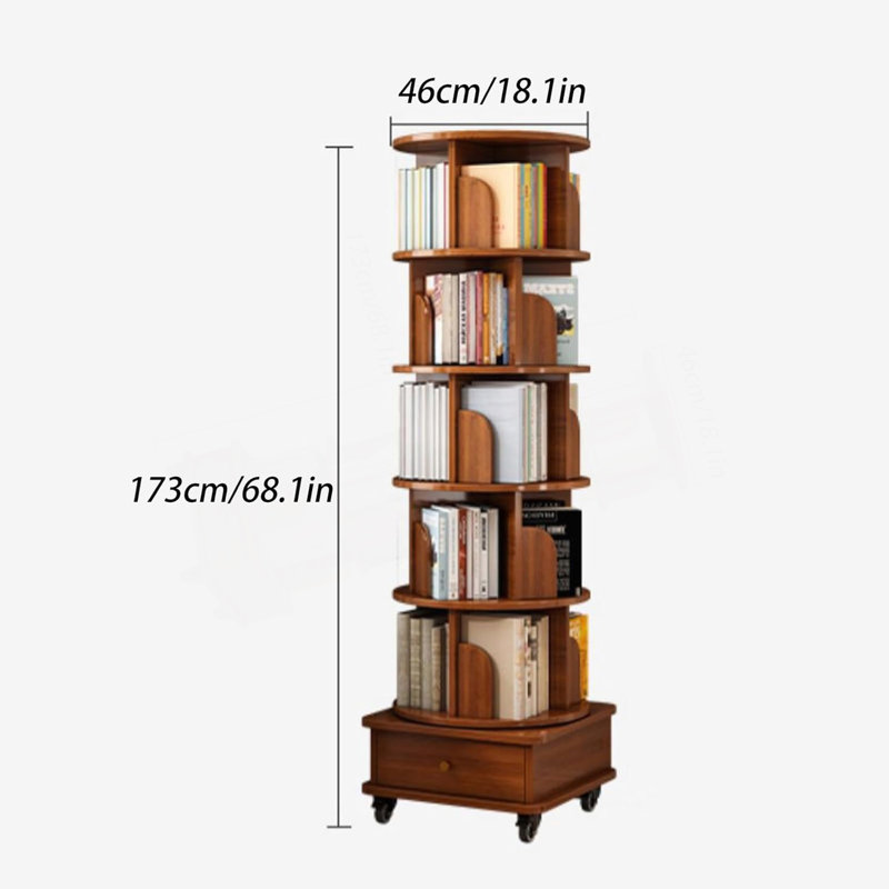 5 Tier Rotating Bookshelf, 360° Display Round Spinning Bookshelf With Wheels, (6 Shelves) 68.1" H x 18.11" W x 18.11" D