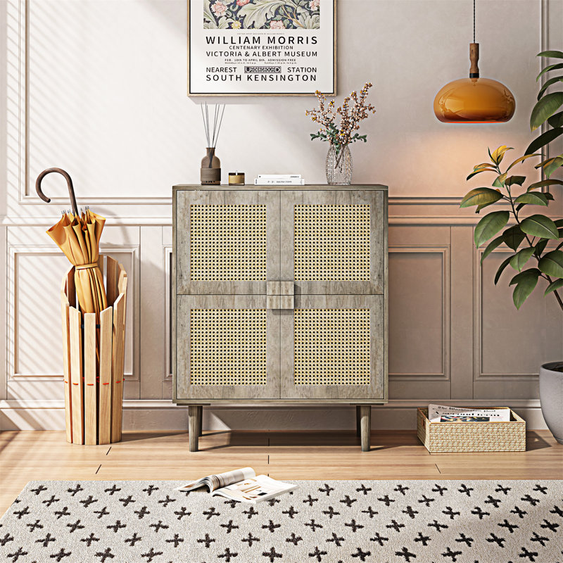 4-Doors Rattan Mesh Storage Cabinet, Gray