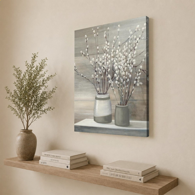 «Pussy Willow Still Life Grey Pots» par Julia Purinton - impression sur toile, H 40 po x l 30 po, Ne s’applique pas