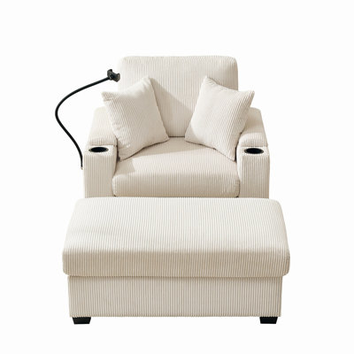 55" Oversized Chaise Lounge Chair Indoor With Ottoman And Storage, Comfy Corduroy Sleeper Chair With Cup Holder,Mobile Phone Stand&USB Charging Port , by Corrigan Studio