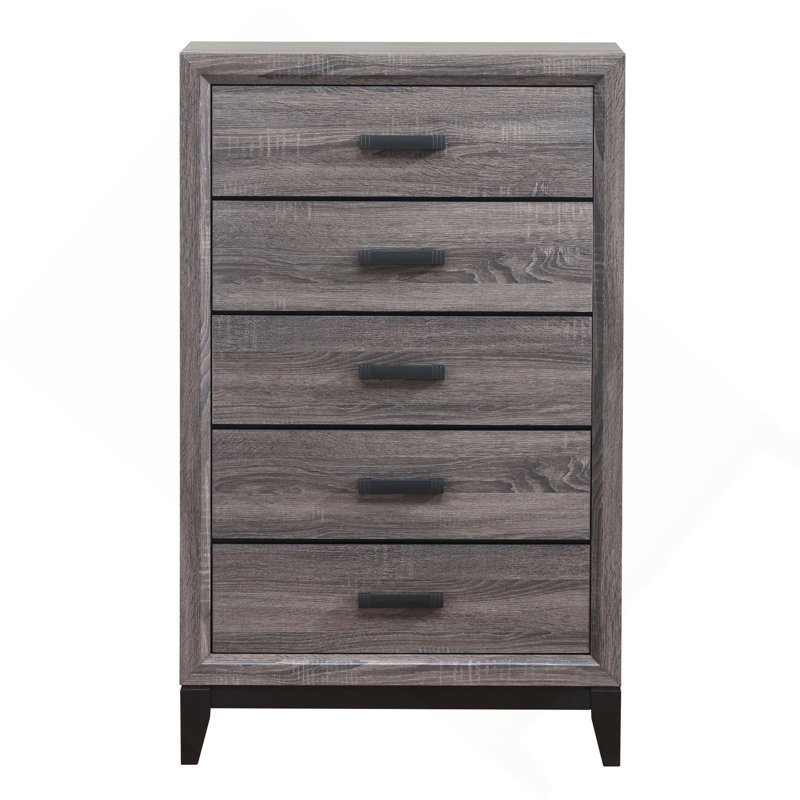 Commode verticale à 5 tiroirs avec poignées en bois patiné et matte