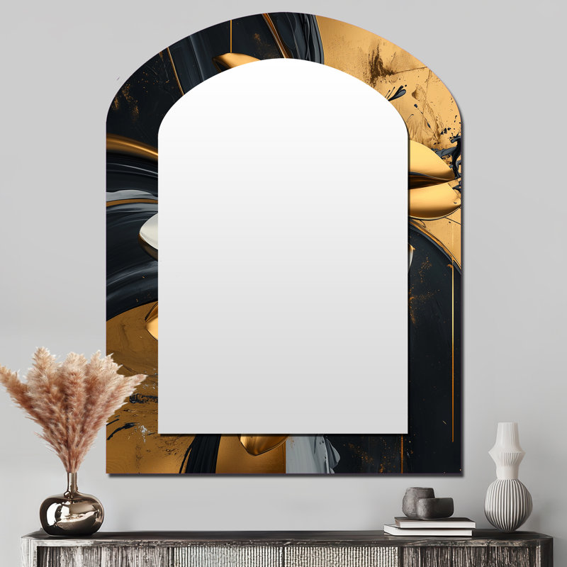 Golden Dahlia Petal Geometric II - miroir arqué Dahlia, miroir mural asymétrique doré unique, 43 po x 33 po
