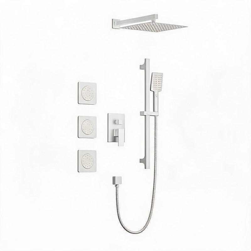 Système de douche mural complet en laiton blanc et acier inoxydable avec pomme de douche à pluie, douche à main, barre coulissante