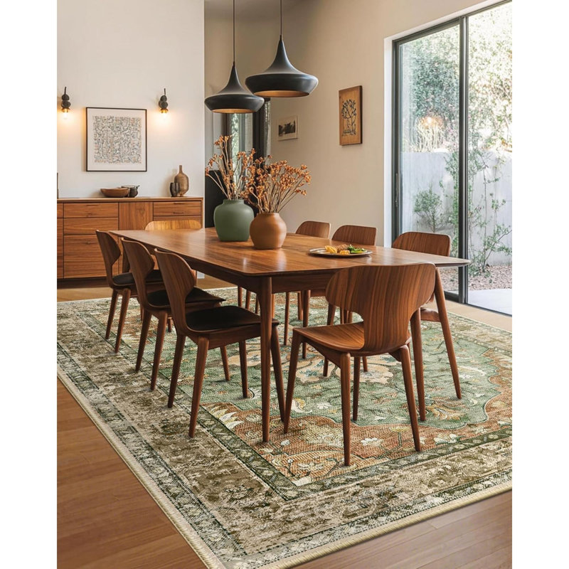 Area Rugs Washable Non Slip Floral Vintage Distress Print Pattern Medallion Carpet For Living Room Bedroom Dining Room Brick Rust Neutral Burnt