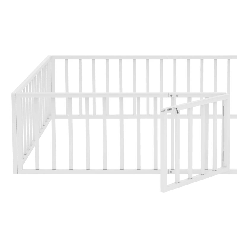 Diocles Metal Floor Bed Frame with Fence & Door, Pink, Queen