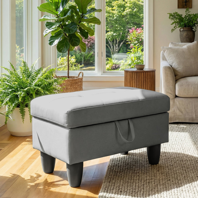 Rectangular Storage Ottoman Bench With Hinged Lid, Faux Leather Footrest For Living Room, Bedroom, Entryway, Gray, 28.5"X19"X17.5"