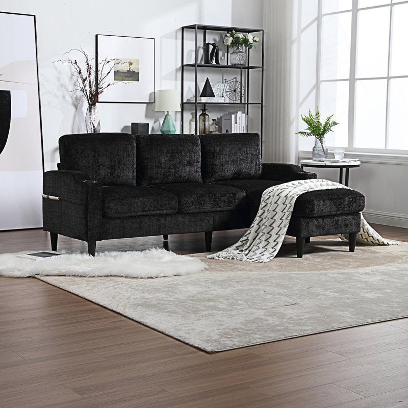 Sectional Sofa With Two Cup Holders, Black