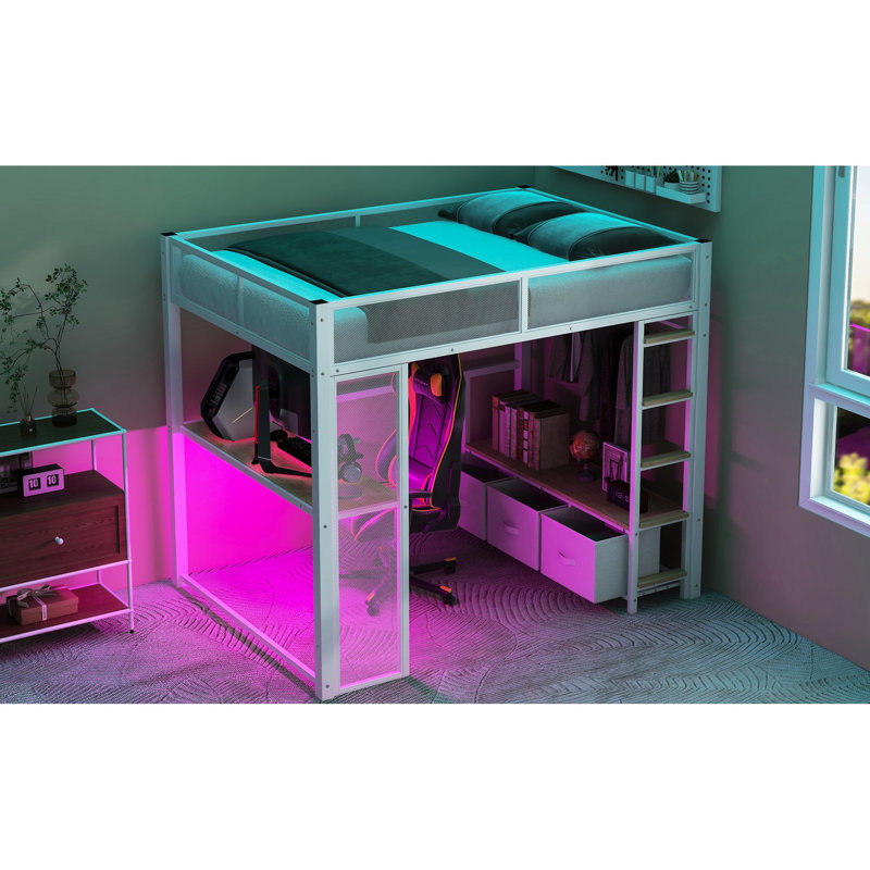 Lit mezzanine en métal avec DEL, bureau, 3 tiroirs et garde-robe ouverte, pleine grandeur, solution de jeu à DEL blanche et compacte, bureau élégant