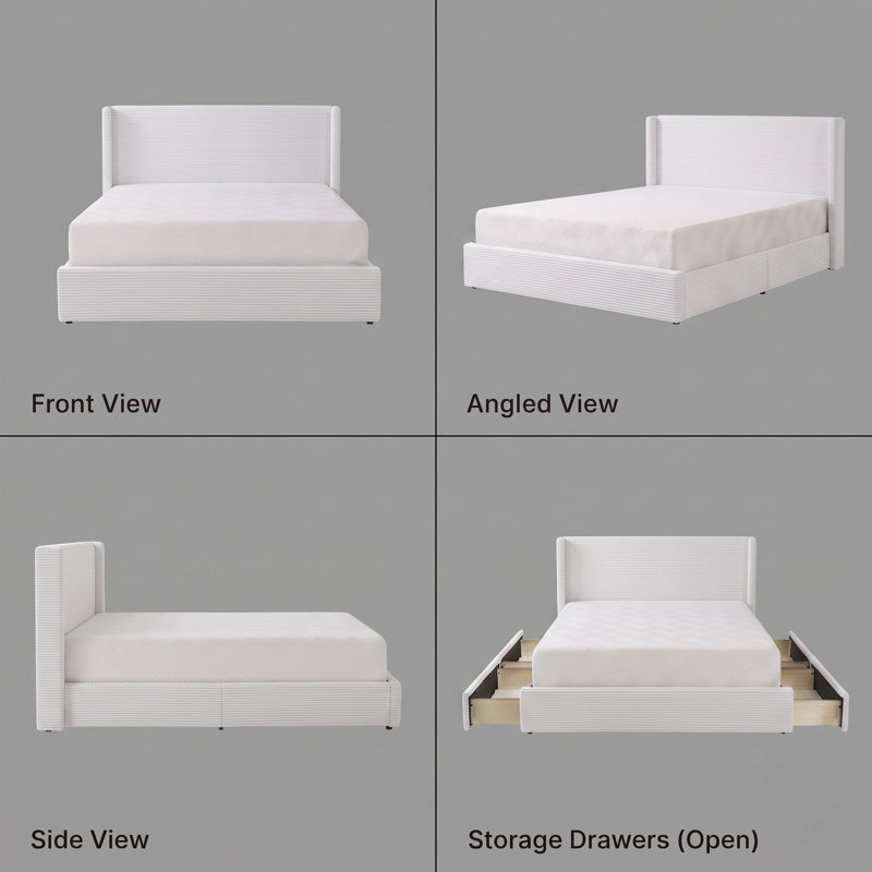 Modern Wingback Upholstered Platform Bed, Queen, Cream